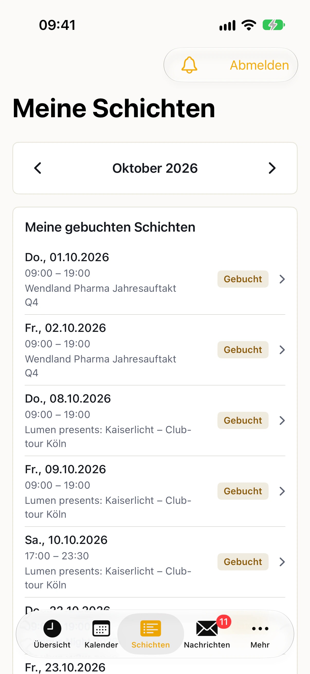 nice2CU App, Meine Schichten: gebuchte Einsätze mit Datum, Uhrzeit und Vorgang